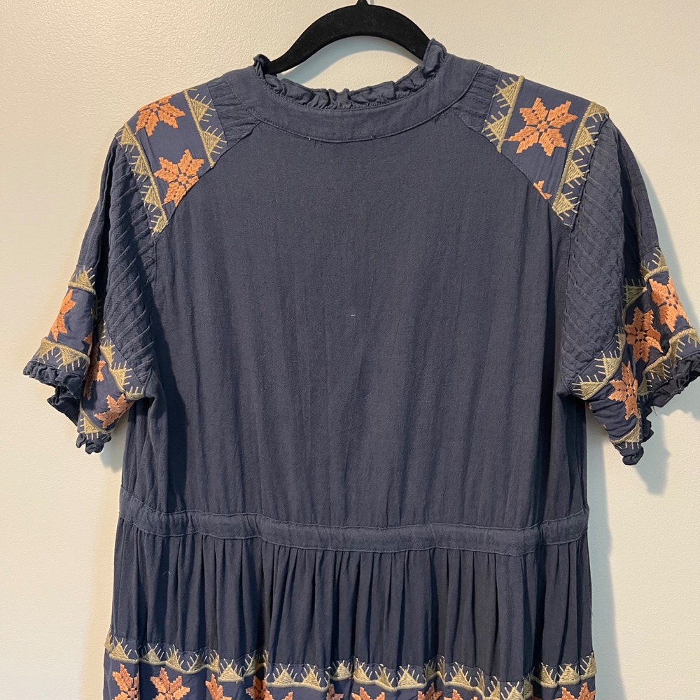 Ivy City Co Navy Blue Embroidered Cotton Gauze Tiered Midi Dress Boho Womens L - Picture 6 of 10